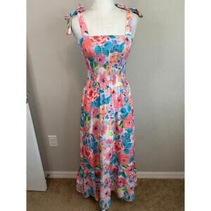 New Sunday Up Maxi Sundress Women's M Smocked Pink Floral Summer Dress Feminine